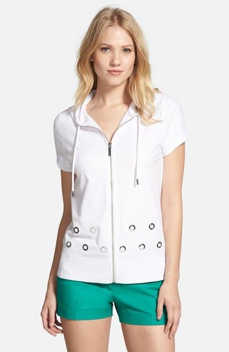 Felpa con cappuccio manica corta Michael Kors Grommet Trim bianca XS S nuova con etichette $99 50