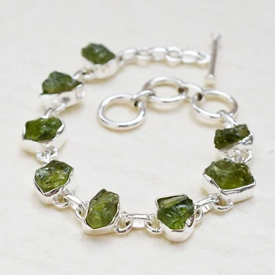 Natural Raw Peridot Bracelet, 925 Sterling Silver Peridot Crystal Bracelet-SB001 - Image 1 of 4