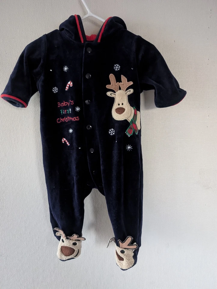 Mameluco Vintage Bebé Primera Navidad 0-3 Meses Terciopelo Azul Con Capucha Reno Foto 1 de 4