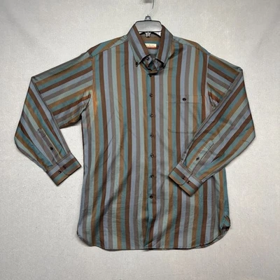 Barry Bricken Weekend Men's Large Shirt Vertical Stripes Brown Blue Herringbone - Image 1 of 4