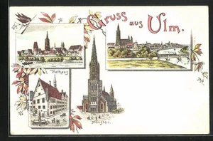 Lithographie Ulm, Panorama, Rathaus & Münster - Bild 1 von 2