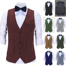 Mens Vintage Waistcoat Retro Herringbone Tweed Vest For Groom Formal 42 44 46 48