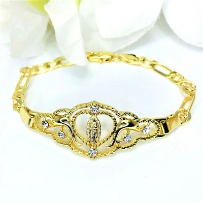 Pulsera Virgen Guadalupe/Delfín Chapada en Oro 14k Pulsera Virgen Circonita Cúbica Foto 1 de 3