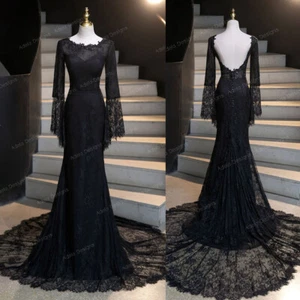 Vintage Style Gothic Black Lace Wedding Dress Bridal Gown Long Bell Sleeves - Picture 1 of 10