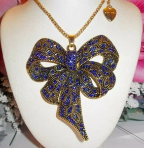 BETSEY JOHNSON LOVELY LARGE BLUE CRYSTAL INLAY BOW PENDANT CHAIN NECKLACE - Picture 1 of 6