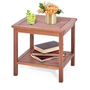 Patio Acacia Wood Side Table 2-Tier Square End Table Porch Poolside Natural - Picture 1 of 9