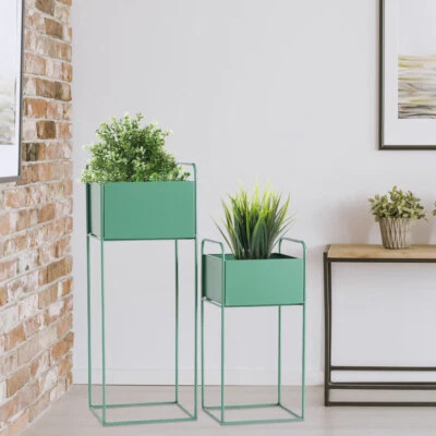 2er Set Design Blumen Topf Halter Ständer Eisen Dekoration Pflanz Kasten grün - Bild 1 von 4