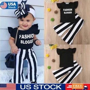 Toddler Baby Girls Clothes Letter Ruffle Tops Stripe Trousers Set Kids Outfits - Picture 1 of 11