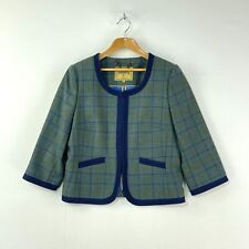 Dubarry Tweed Jacket Womens 10 Blue Green Check Wool Short Cropped 3/4 Sleeve