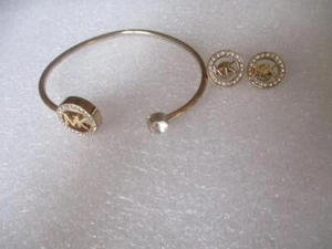 Michael Kors Goldtone Crystal Logo Cuff Bangle Bracelet & Matching Stud Earings - Picture 1 of 3