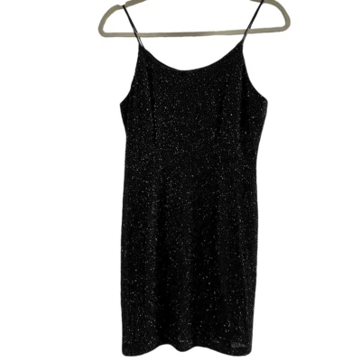 Vestido de fiesta vintage Jump Y2K negro brillante con cuentas mini correa de espagueti pequeño Foto 1 de 4