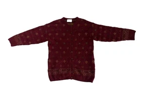 size 12 womens CARDIGAN 100% wool “Jamie Watson” red green knit Button-Up Top - Picture 1 of 10
