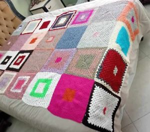 Vintage Large Hand Crochet 1970's Granny Square Afghan Blanket Throw Twin Size