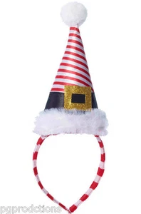 CHRISTMAS MINI SANTA HAT ON HEADBAND Elf Costume Cap Adult Red Stripe Candy Cane - Picture 1 of 2
