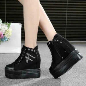 Womens Athletic High Heel Platform Wedge Lace Up Sneakers Canvas Shoes Round Toe - Picture 1 of 8