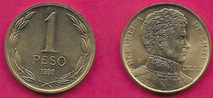 CHILE 1 PESO 1990 UNC ARMORED BUST OF BERNARDO O'HIGGINS BUST RIGHT,DENOMINATION - Picture 1 of 1
