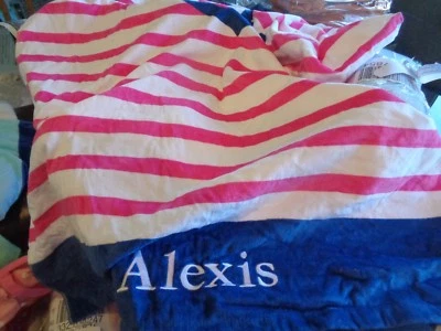 POTTERY Barn Kids pink stripe Anchor beach towel 40 X 72 mono Alexis New  - Image 1 of 4