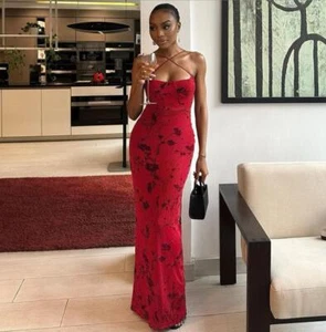 2024 new European design sexy lady hot red holiday beach long dress party night - Picture 1 of 9