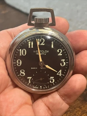 Vintage 1940s Working Westclox Scotty Black Dial Pocket Watch Collectible - Image 1 of 4