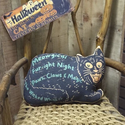  Black Cat Halloween Pillow – Vintage Style Spooky Farmhouse Décor 17 x 11 - Image 1 of 4