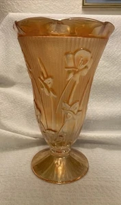 Large Marigold Carnival Glass Floral Vase, Ruffled Edges, 9"T, 5-1/2"D - Picture 1 of 8