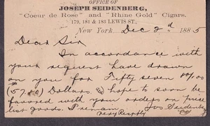 1885 Postkarte Joseph Seidenberg Coeur de Rose & Rhine Gold Zigarren Lewis St NY - Bild 1 von 2