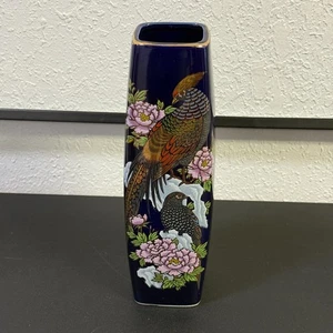 Vintage japanische Kutani Porzellan Vase quadratisch kobaltblau Blumen Fasane 9,5" - Bild 1 von 6