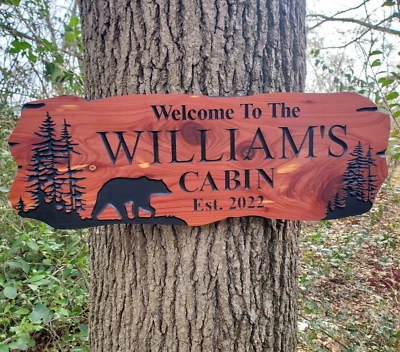 Custom Cabin Sign Carved Wood Name Bear Mountain Lake Home House Outdoor Plaque - Image 1 of 4