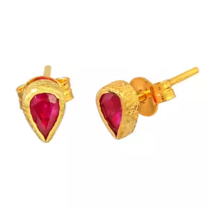Natural Ruby Gemstone Stud Earrings 18K Yellow Gold Wedding Minimalist Jewelry - Picture 1 of 8
