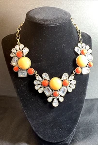 J. Crew Rhinestone, Peach & Coral Stone Antique Gold Finish Statement Necklace - Picture 1 of 13