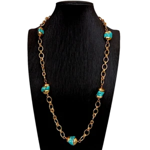 28" Irregular Blue Turquoise Gold Plated Chain Station Long Necklace 28" - Picture 1 of 6