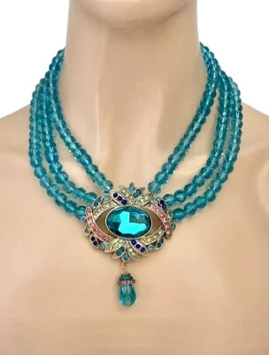 Collar colgante de cuentas de vidrio con cristales azules inspirado en Hollywood de la década de 1940 Foto 1 de 4