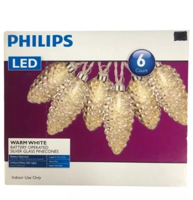 Philips Silver Glass Pinecone Lights 6 Warm White LED Battery Operated - Image 1 of 4