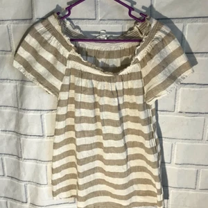 Playa Almuerzo Salón Beige Rayas Top Escote Elástico Lino Talla M (G3) - Imagen 1 de 3