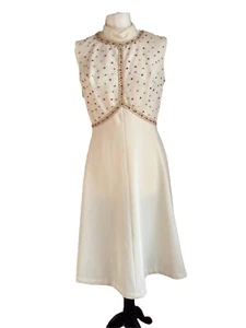 VINTAGE 70s Ivory BRIDESMAID Dress Jewelled Empire waist Crepe DRESS 12 M - Picture 1 of 8