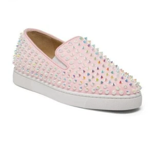 Christian Louboutin Roller Boat Sneaker Spike Pink Iridescent Suede Eur 37 US 7 - Picture 1 of 17