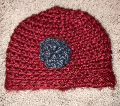 Red Crochet Wool Hat Cap Large Gray Flower Knit Beanie Winter Handmade Bohemian - Image 1 of 2