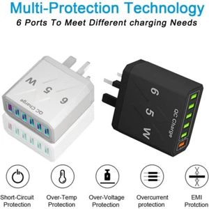 Fast Quick Wall Charge QC3.0 USB 6 Multi Port Hub Mains Charger UK Plugs Adapter - Picture 1 of 14