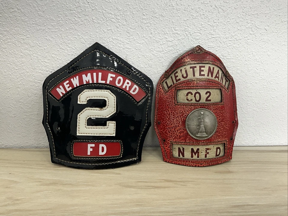 Lot of 2 Vintage New Milford Fire Dept Leather Helmet Shields - Image 1 of 2