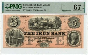 1850-60s $5 Connecticut, Falls Village PMG Gem67 EPQ OBSCT120G12c - Foto 1 di 2