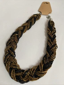Braided Black Gold Seed Bead Statement Necklace - Picture 1 of 2