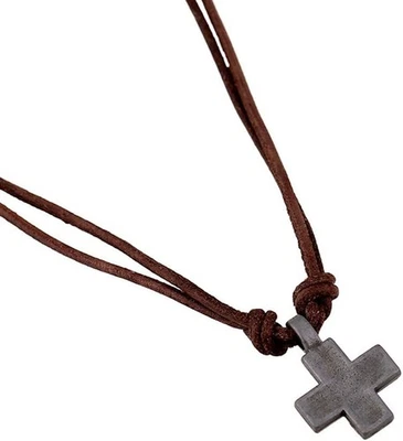 Men's Metal Cross Pendant on Brown Double Strand Leather Cord Choker Long...  - Image 1 of 4