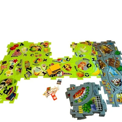 Puzzle Racer Bus Plastic 2 Track Sets Green ABCs and Gray Construction Lot - Image 1 of 4