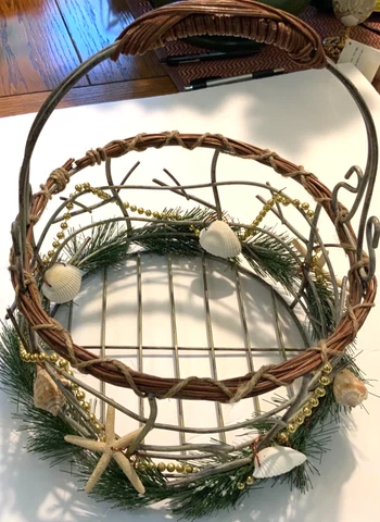 Basket metal wire with wicker handle and shells greenery sea shells  9”x13” Cover