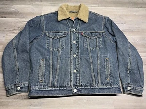 Vintage Y2K Levis Denim Trucker Jacket Sherpa Lined Size L Red Tab Button Front - Picture 1 of 11