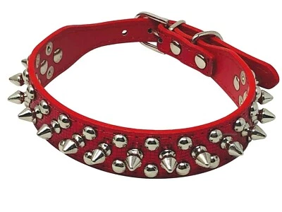 Dog Collar, Studded Spikes Rivet, Red Shimmer Bling, Adjustable, S M L - Image 1 of 4