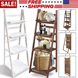 4 Tier Ladder Shelf Stand Storage Display Rack Vintage Bookshelf Bookcase Plant - Picture 1 of 18
