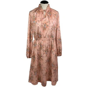 70s Vintage Cottagecore Pink Floral polyester dress Romantic Ruffle High Neck - Picture 1 of 10