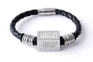 STAINLESS STEEL CRYSTAL SET CUBE BEAD ON BRAIDED BLACK LEATHER BANGLE, 7" - Picture 1 of 2