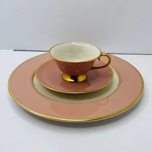 Flintridge Sylvan Coral Pink & Gold Trim China Leaf Cup, Saucer, & Plate Set - Picture 1 of 17